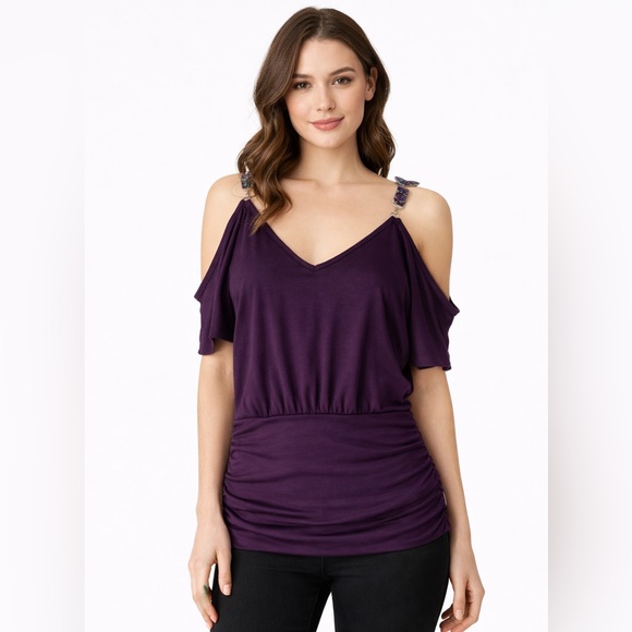 Rhapsody Tops - Rhapsody Purple Cold Shoulder Beaded Strap Y2K Top Ruched XS Small